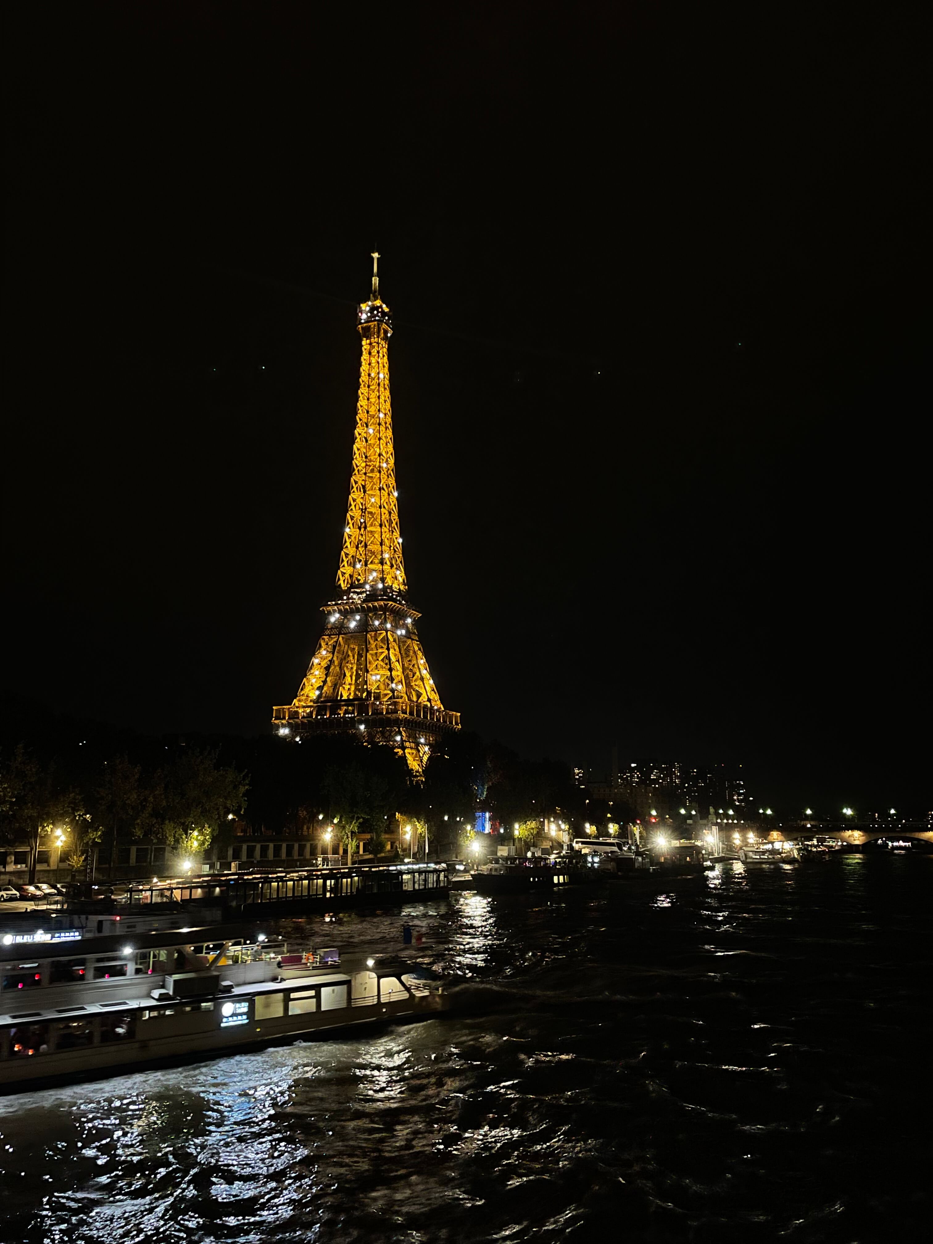 Der beleuchtete Eiffelturm bei Nacht, im Vordergrund die Seine mit einem Ausflugsboot.