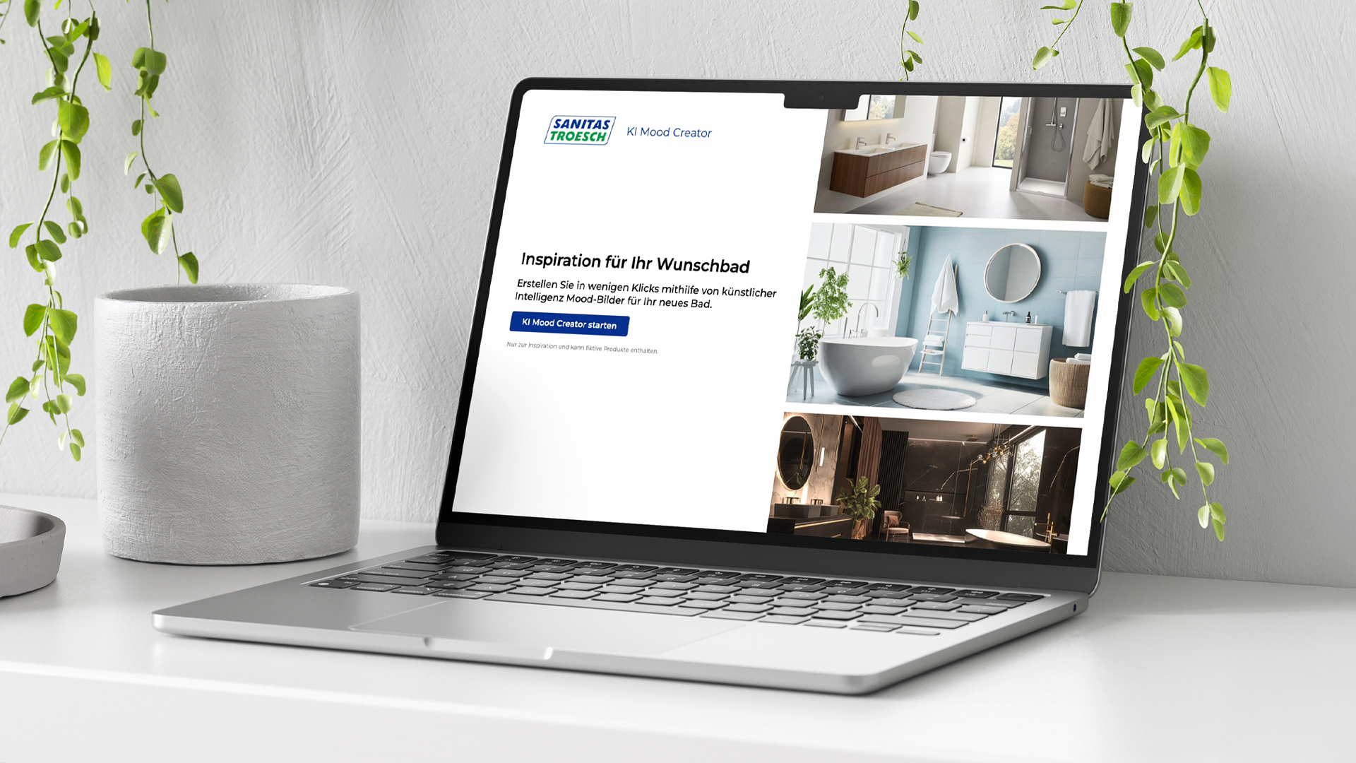 Laptop auf einem Sideboard zeigt den KI Mood Creator von Sanitas Troesch mit Badezimmer-Moodbildern.