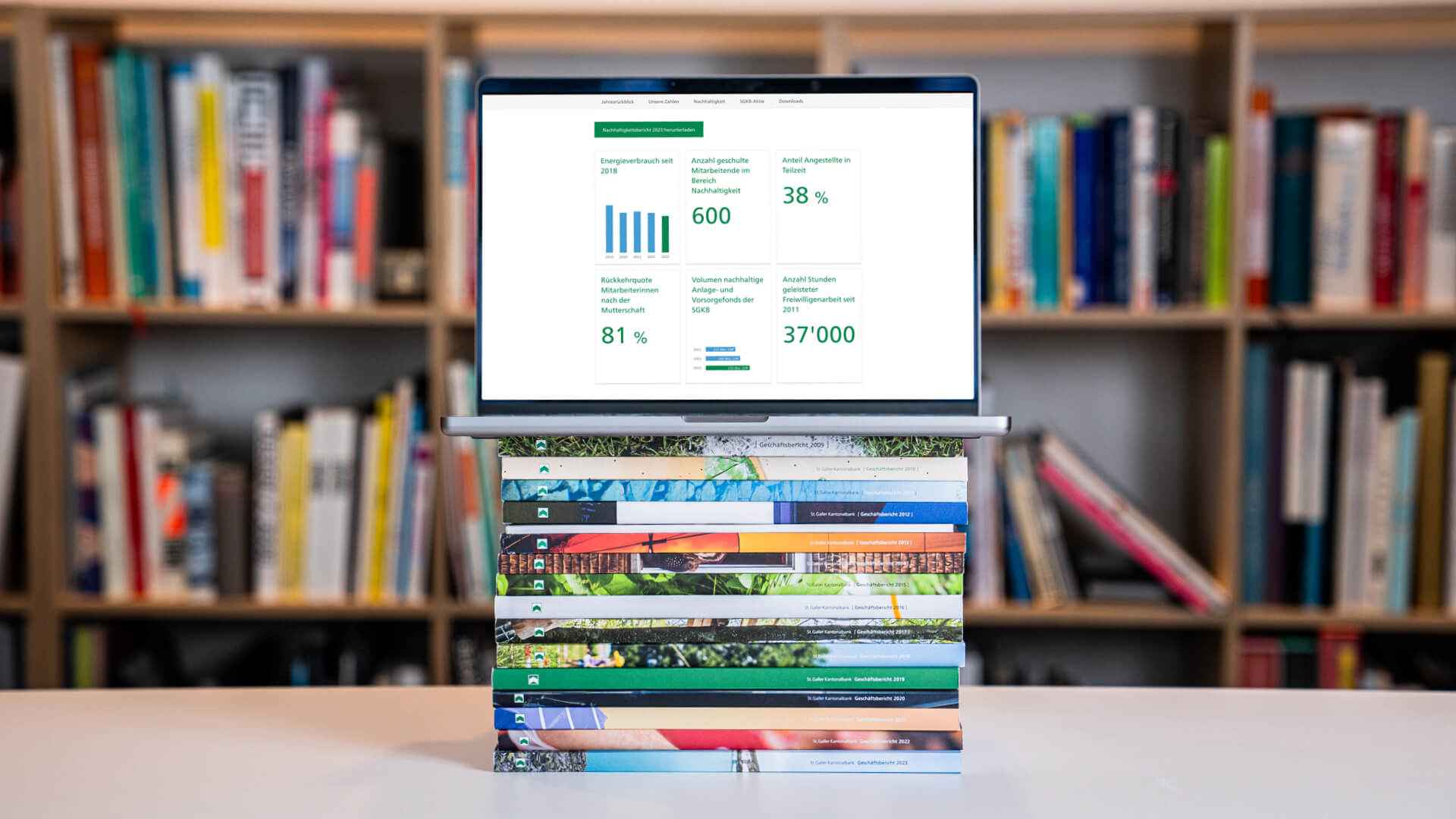 Laptop mit einem digitalen Geschäftsbericht voller Kennzahlen und Diagramme steht auf einem Stapel gedruckter Berichte vor einem Bücherregal.