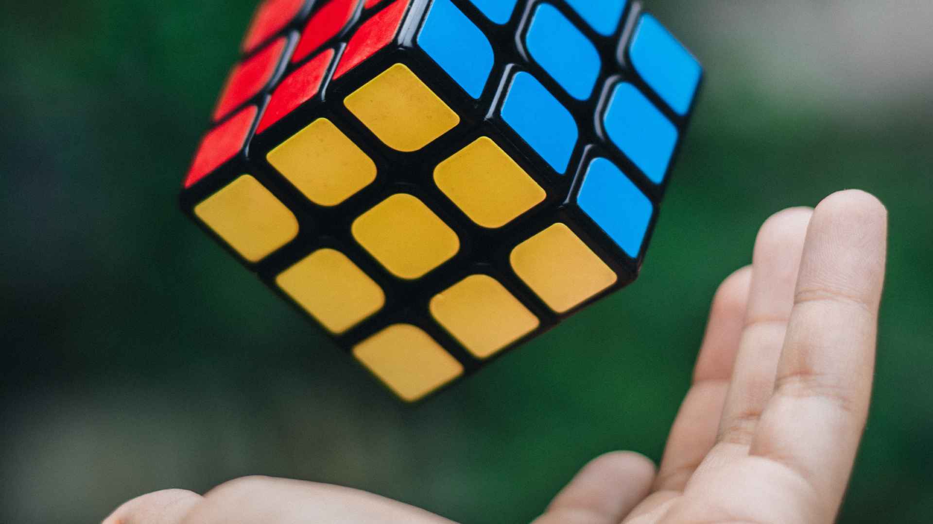 Ein Zauberwürfel mit roten, gelben und blauen Feldern schwebt über einer offenen Hand vor grünem, unscharfem Hintergrund.