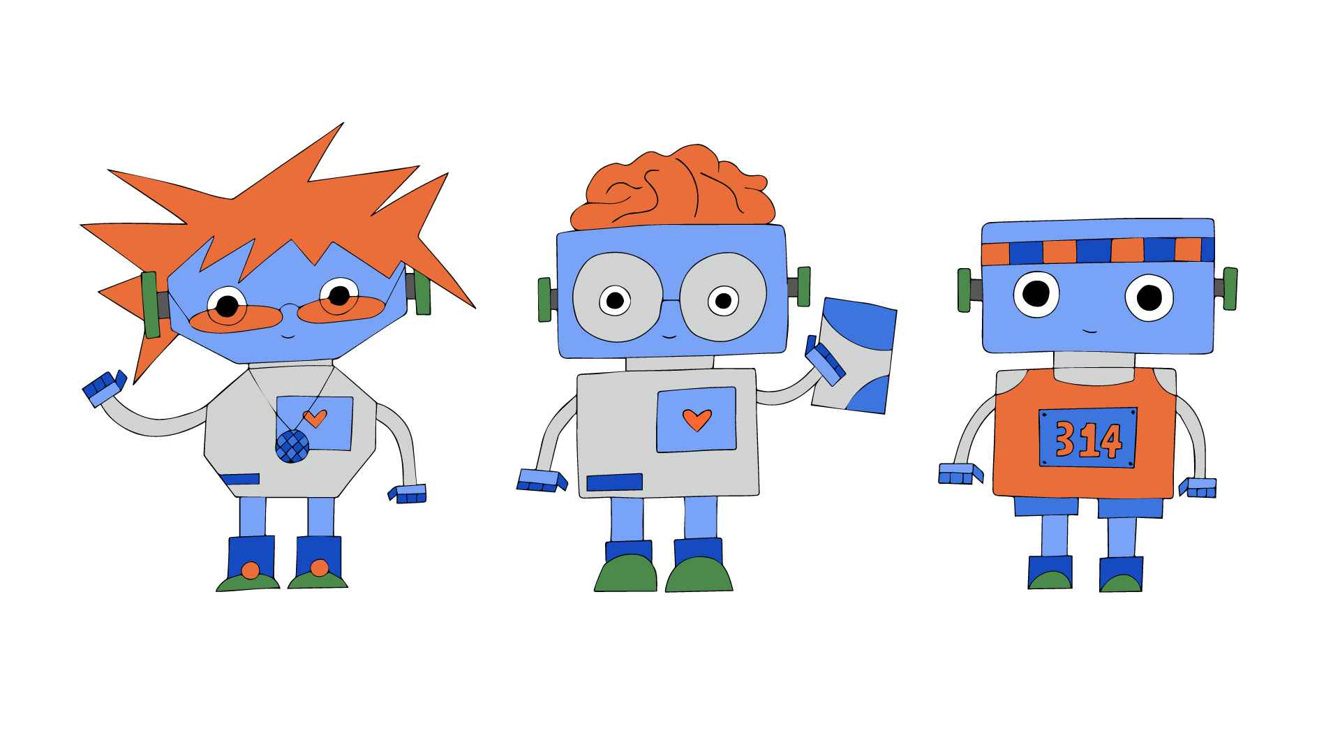 Illustration von drei freundlichen Robotern in Blau, Orange und Grau, einer mit wilder Frisur, einer mit Hirn und Brille, einer mit der Zahl 314.