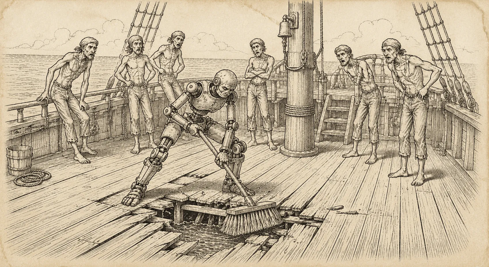 Illustration im Stil eines Kupferstichs: Roboter schrubbt das Deck eines Segelschiffs, während Matrosen zuschauen
