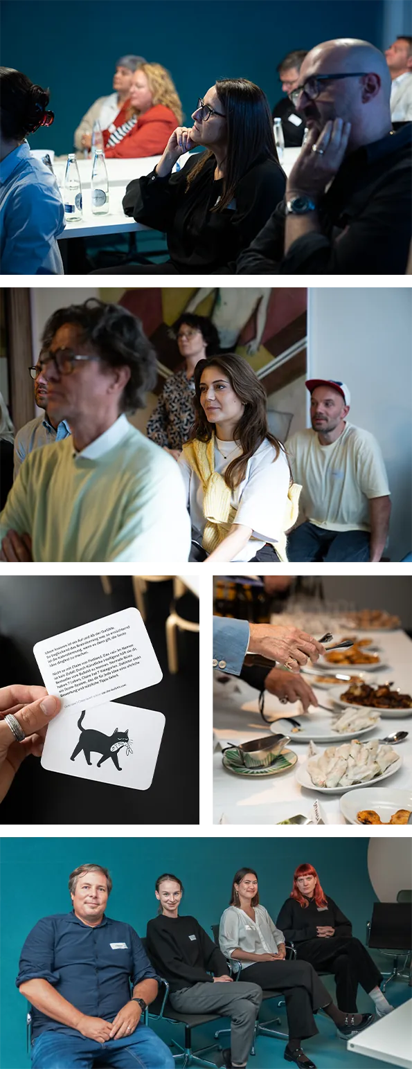 Fotocollage der Lab Session «Kreative Intelligenz II»: Publikum, Claire-Karte mit Katze, Apéro-Buffet und Referierende