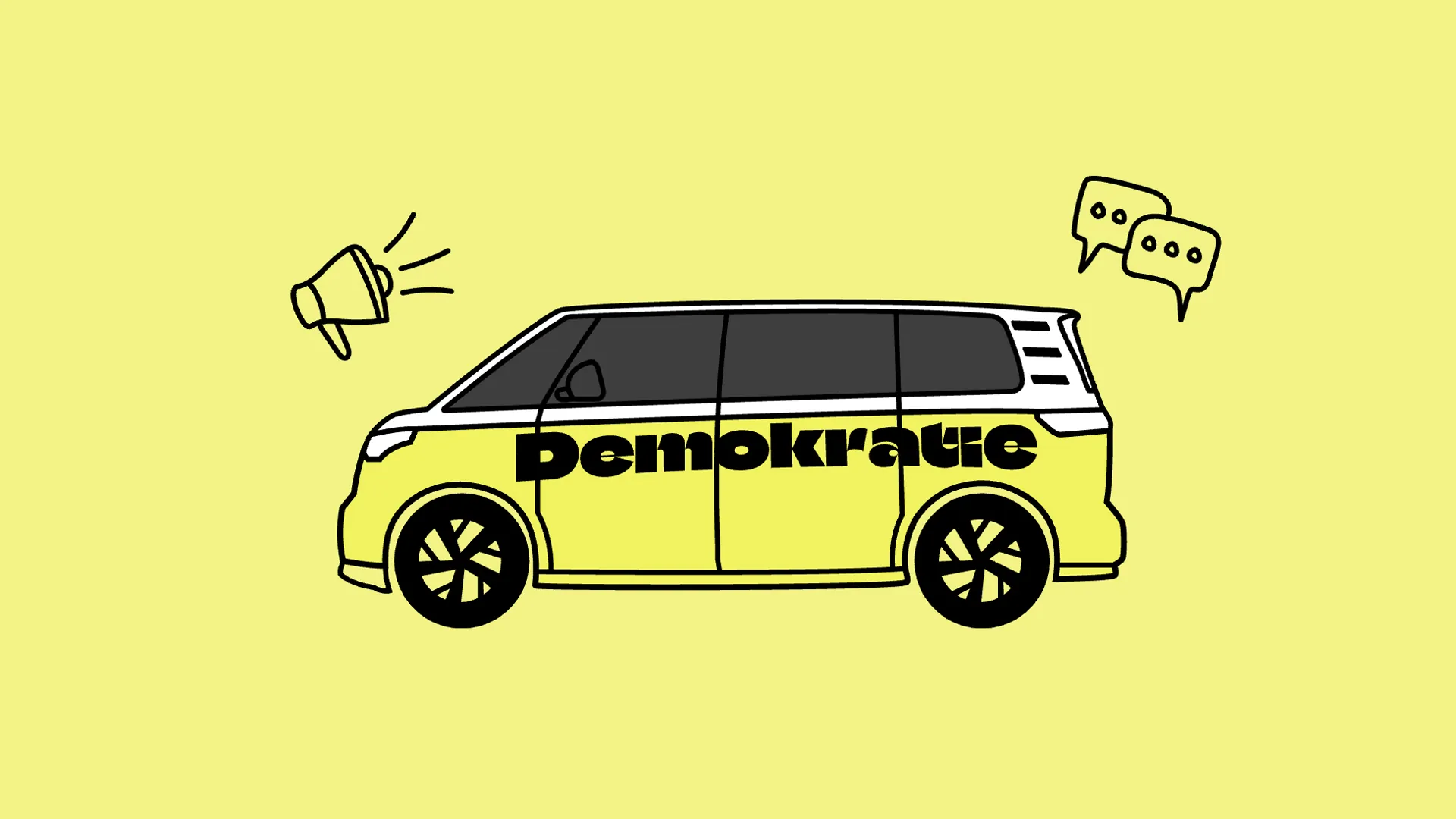 Illustration eines gelben Kleinbusses mit der Aufschrift «Demokratie», daneben ein Megafon und Sprechblasen, auf hellgelbem Hintergrund.