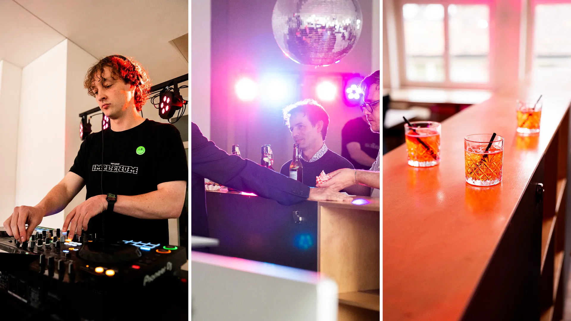 Collage der Partystimmung: DJ am Mischpult, Gäste unter Discokugel und farbigem Club-Licht sowie orange Drinks auf der Bar