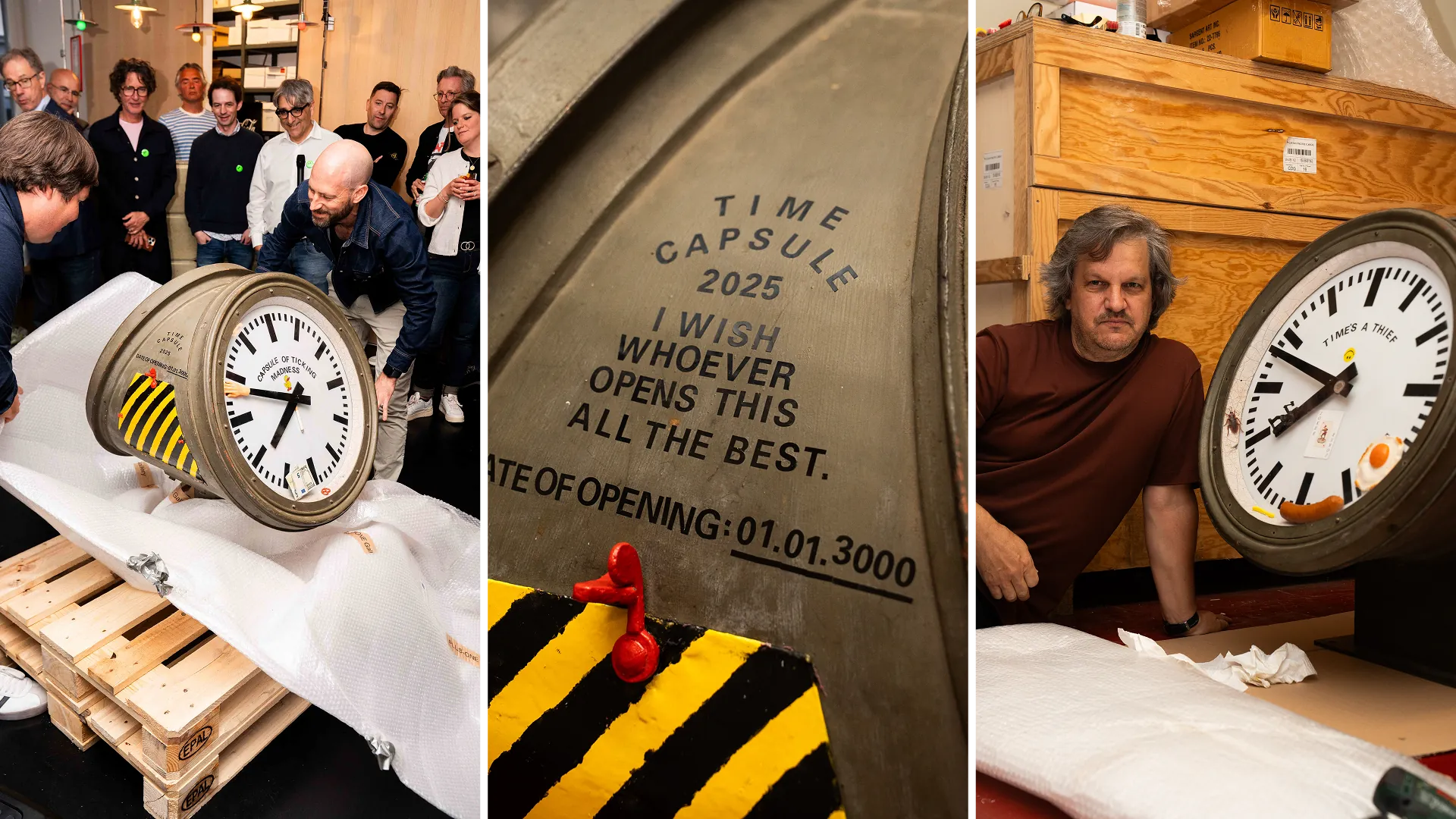 Collage zur Zeitkapsel von Beni Bischof: Uhr-Skulptur mit Aufschrift «Time Capsule 2025 … Date of opening: 01.01.3000», Gäste beim Enthüllen