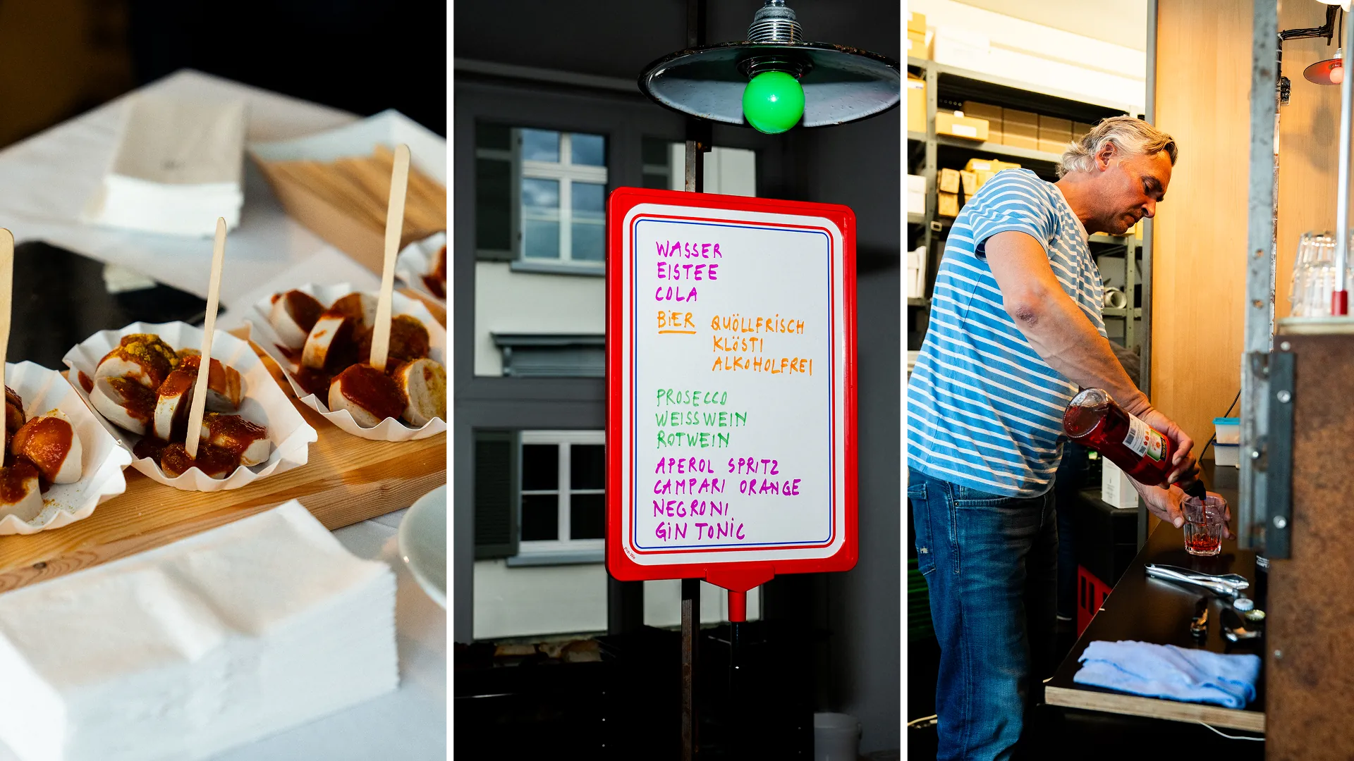 Collage der Bewirtung an der Zeitreise-Party: St.Galler Curry-Bratwurst in Häppchen, handgeschriebene Getränketafel und Barmann beim Einschenken