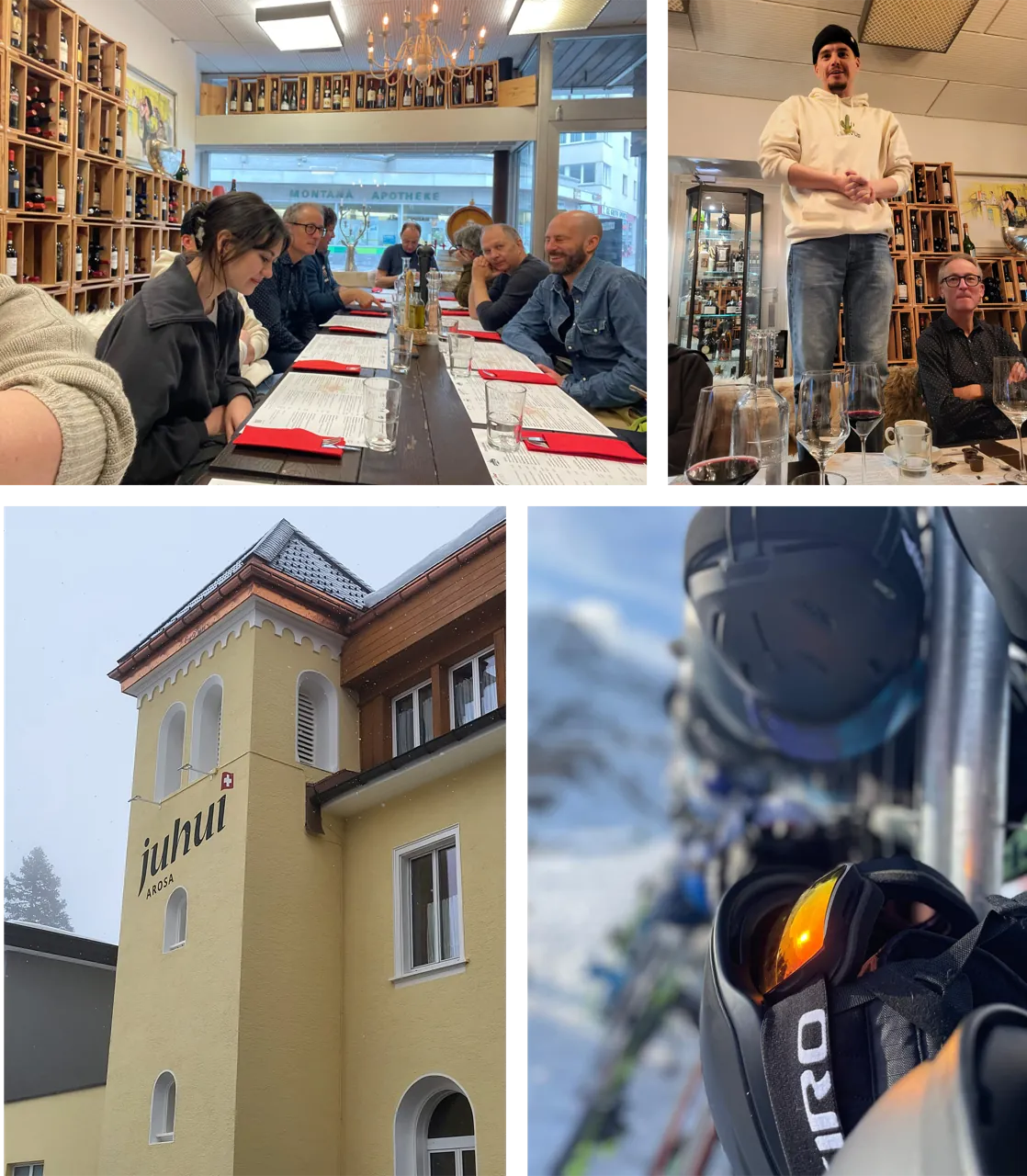 Collage vom Winterland-Weekend: Team beim Essen an langem Tisch, Rede im Weinkeller, Hotel Juhui Arosa und Skihelm