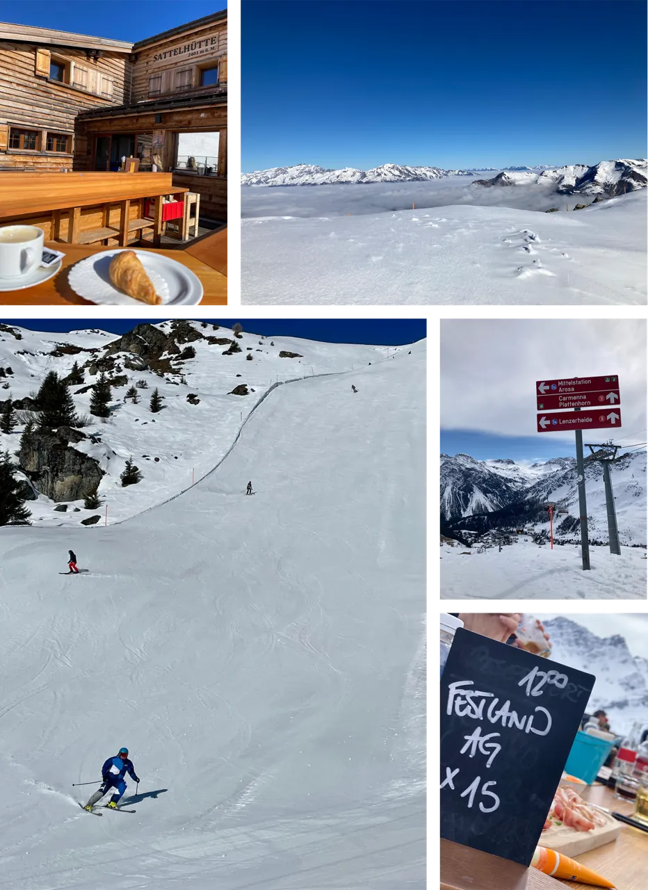 Collage vom Winterland-Weekend in Arosa: Kaffee bei der Sattelhütte, Skipiste, Wegweiser und Tafel «Festland AG x 15»