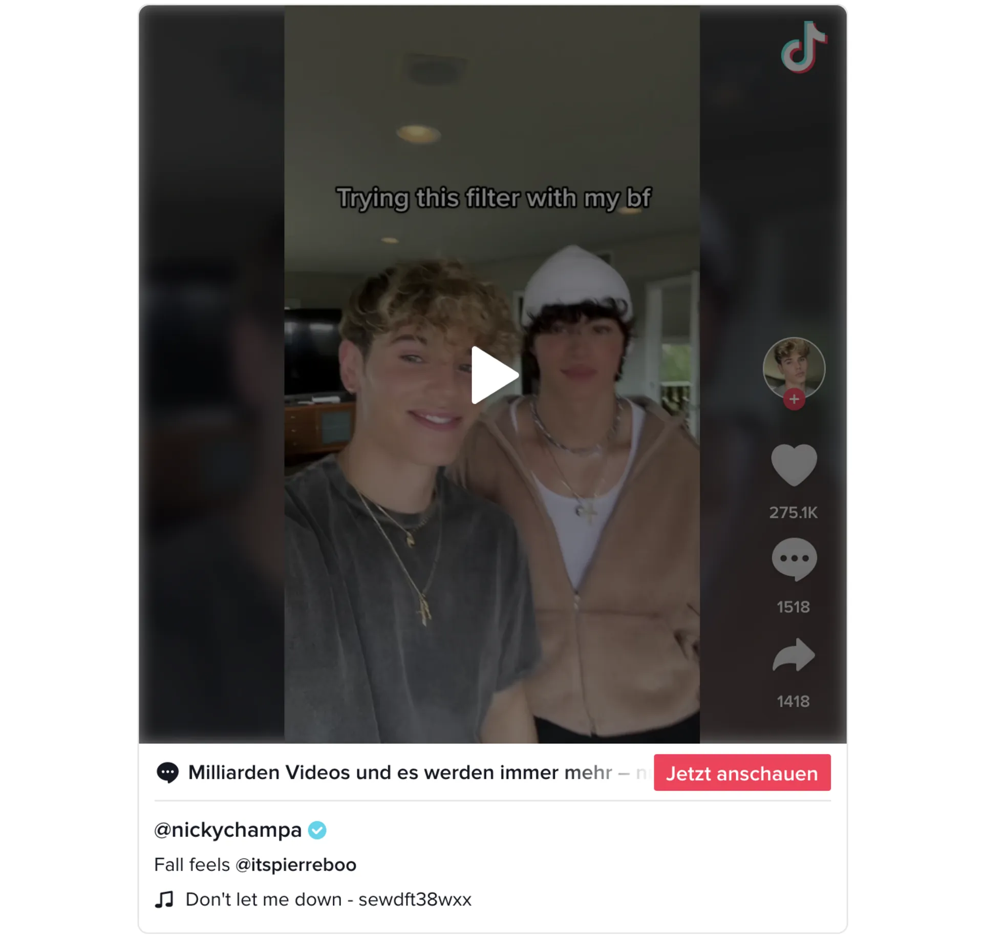 TikTok-Video von Nicky Champa (@nickychampa) mit seinem Freund, Einblendung «Trying this filter with my bf»