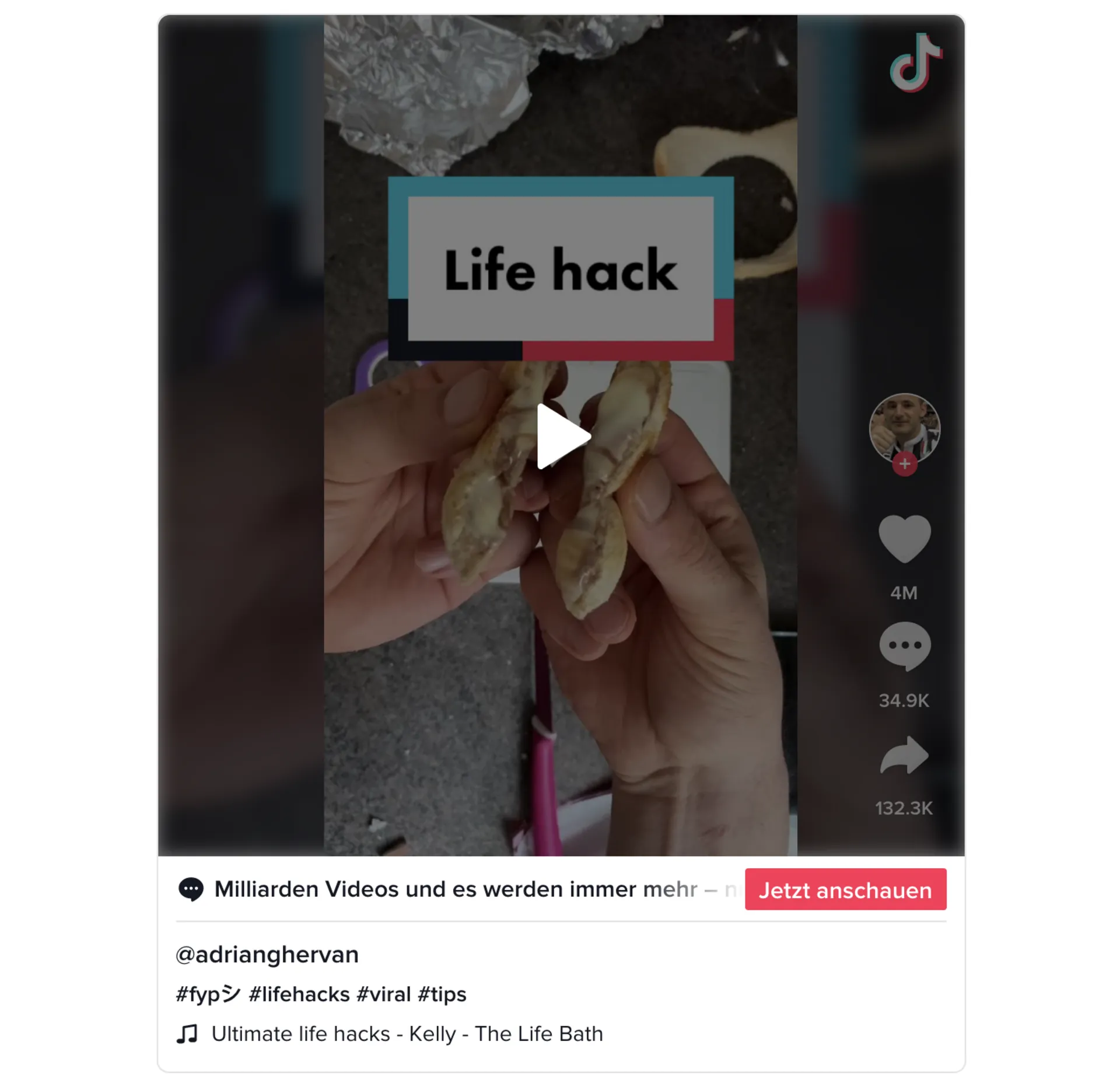 TikTok-Video von @adrianghervan mit Einblendung «Life hack»: zwei Hände zeigen einen Trick beim Essen eines Gebäcks
