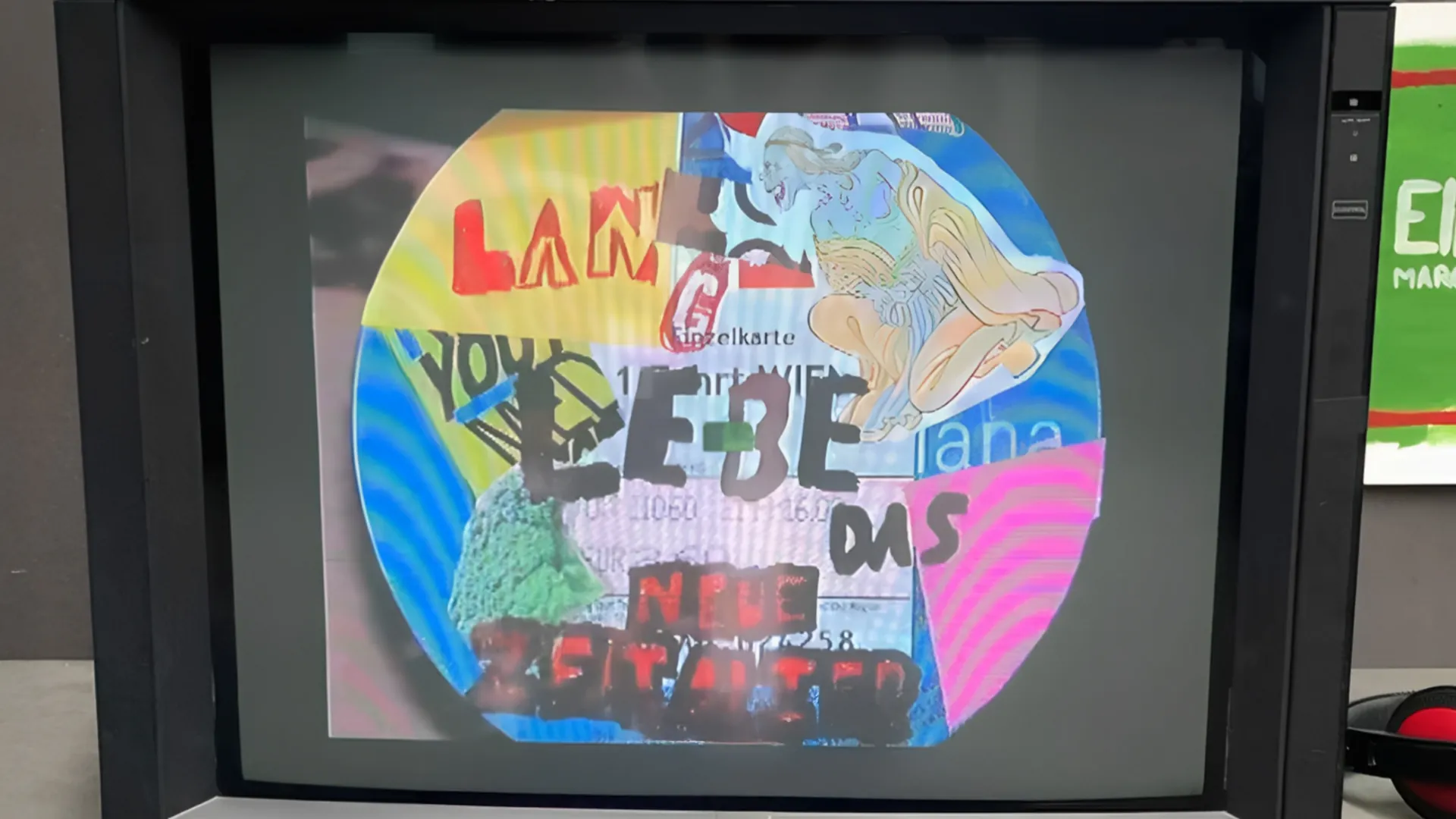 Alter Röhrenmonitor zeigt eine bunte Collage mit Schriftfragmenten wie «Lebe das neue Zeitalter» und einer gezeichneten Figur.