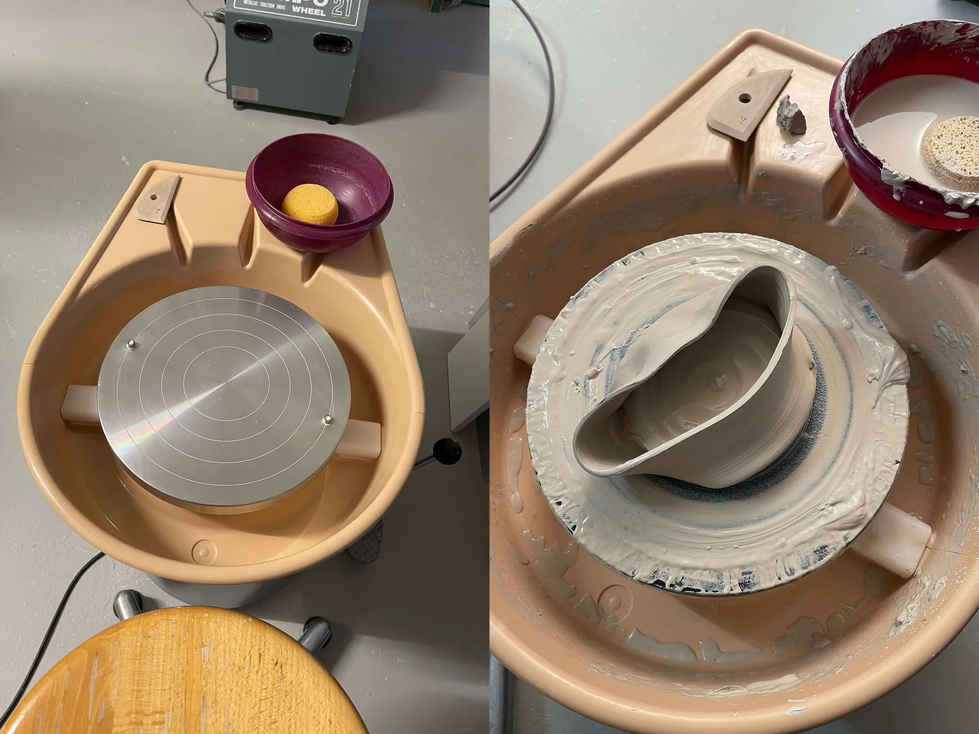 Zweiteilige Aufnahme: links eine saubere Töpferscheibe mit roter Wasserschale und Schwamm, rechts ein eingesunkenes Tongefäss.