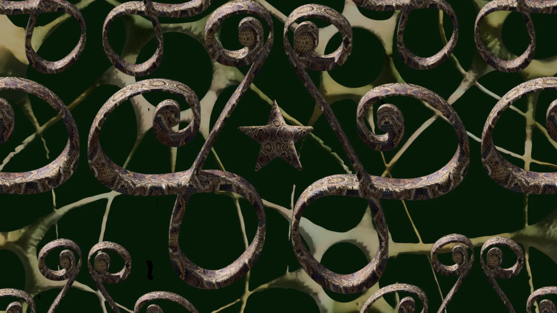 Ornamentale Spiralen mit Schlangenhautmuster und ein Stern vor dunkelgrünem Hintergrund mit hellen, verästelten Strukturen.