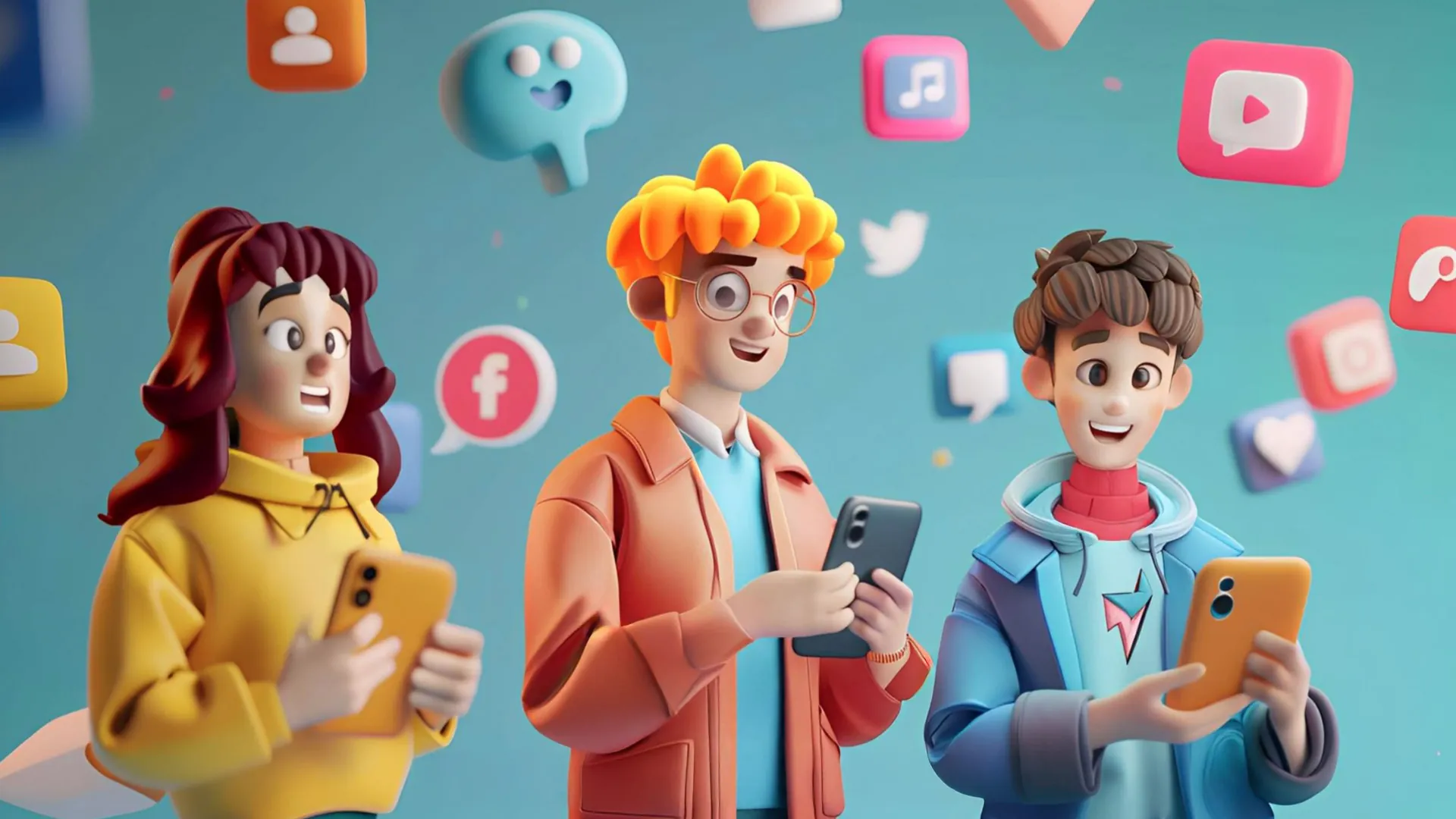 Drei 3D-Comicfiguren schauen auf ihre Smartphones, umgeben von schwebenden Social-Media-Icons auf türkisem Hintergrund.