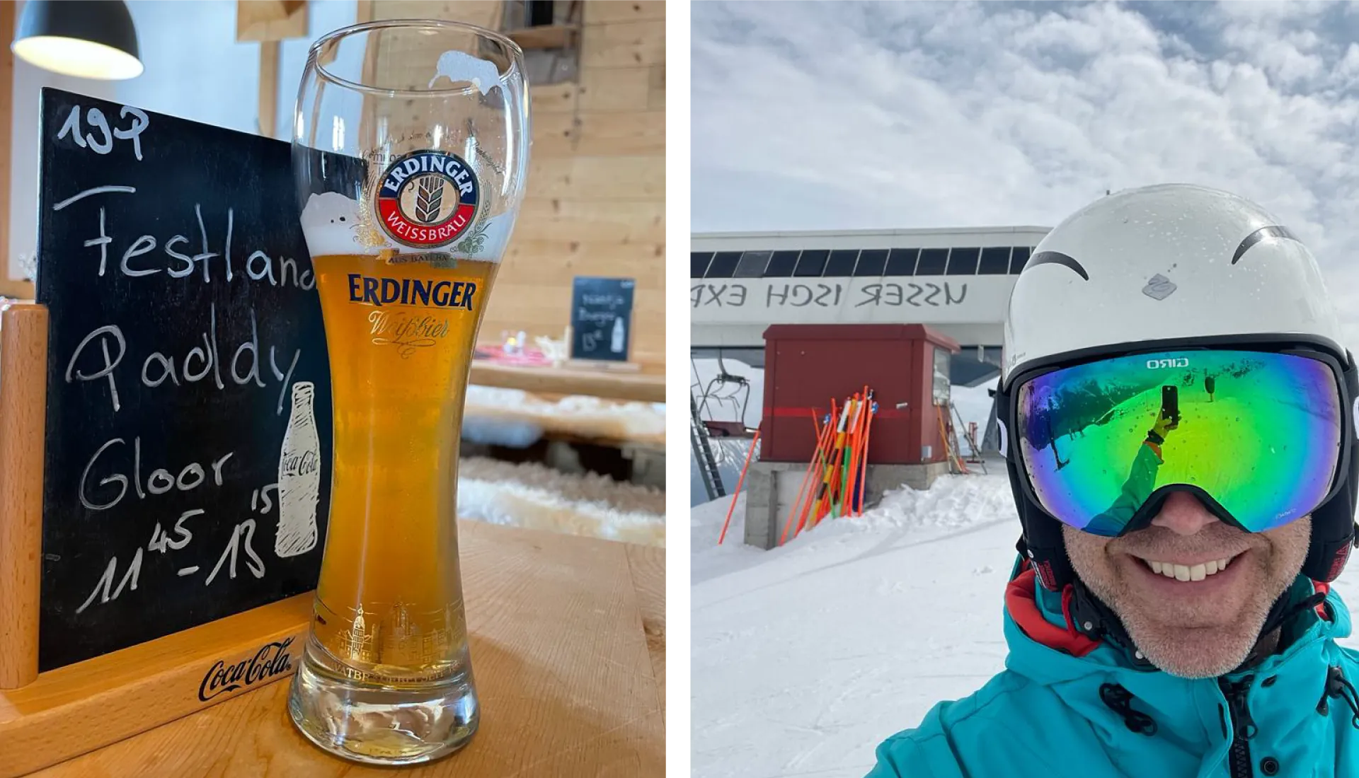 Reservationstafel «Festland Paddy Gloor» neben einem Erdinger-Weissbier und Selfie eines lachenden Skifahrers mit Helm und Skibrille