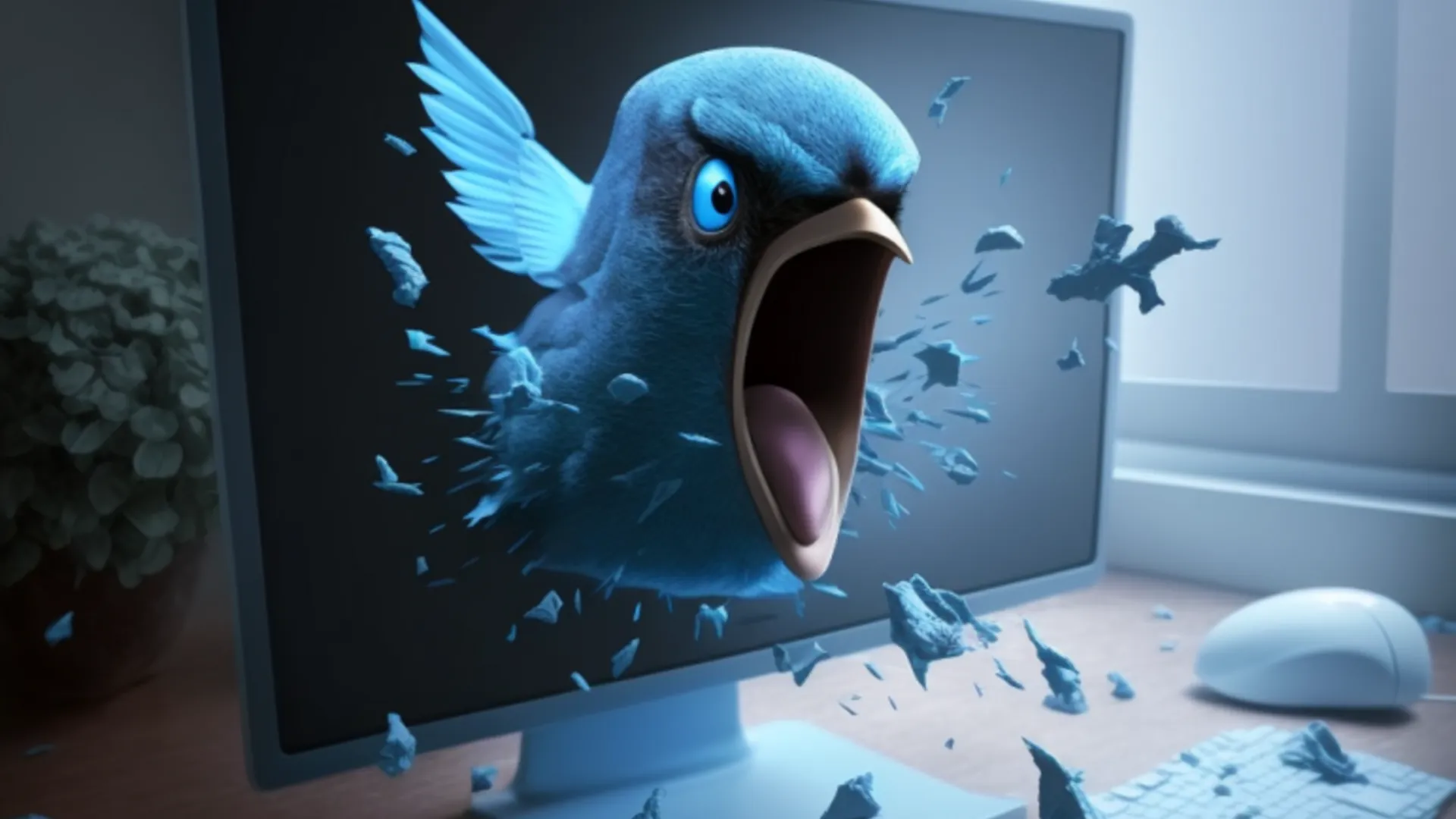 Wütender blauer Vogel mit aufgerissenem Schnabel bricht durch einen Computerbildschirm, Splitter fliegen über den Schreibtisch.