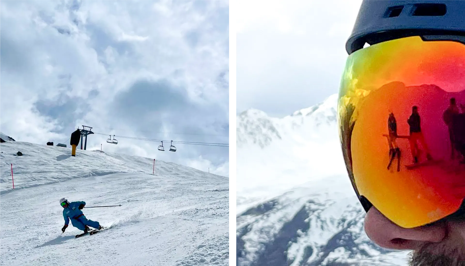Skifahrer in blauem Anzug carvt eine Piste in Davos hinunter, daneben spiegeln sich Teammitglieder in einer farbigen Skibrille