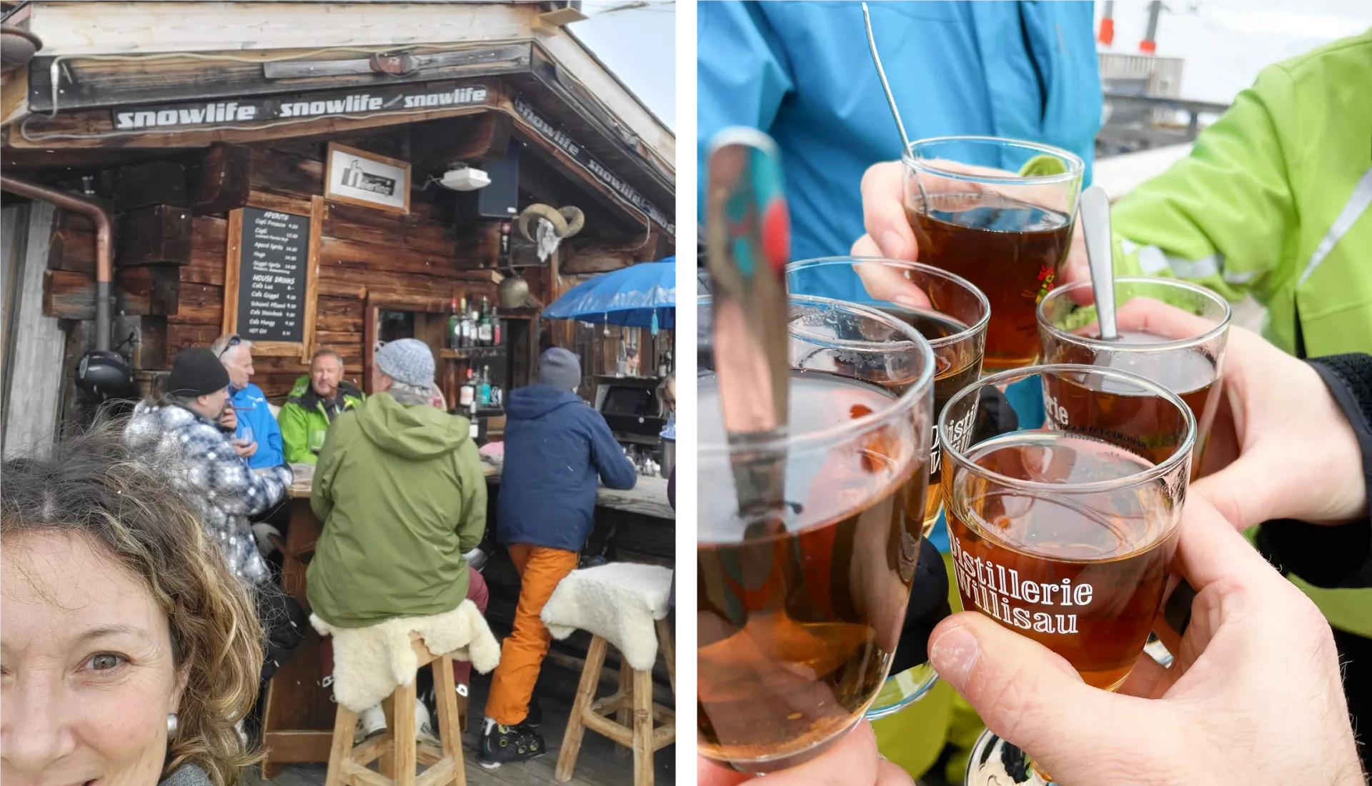 Gäste an der Après-Ski-Bar mit Schriftzug «snowlife» und Hände, die mit Gläsern der Distillerie Willisau anstossen