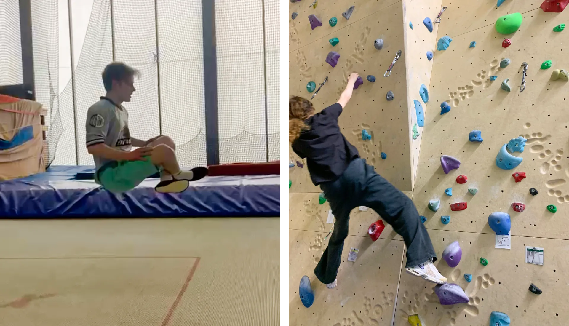 Teammitglieder der Nichtskifahrer*innen springen in der Sporthalle auf eine Weichbodenmatte und klettern an einer Boulderwand