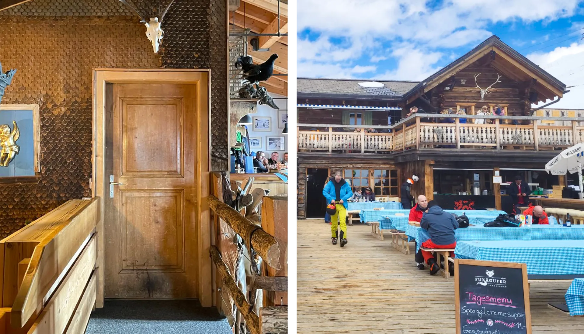 Holzinterieur mit Tiergeweihen und Sonnenterrasse des Bergrestaurants Fuxägufer mit Tafel «Tagesmenü» und Gästen an blauen Tischen
