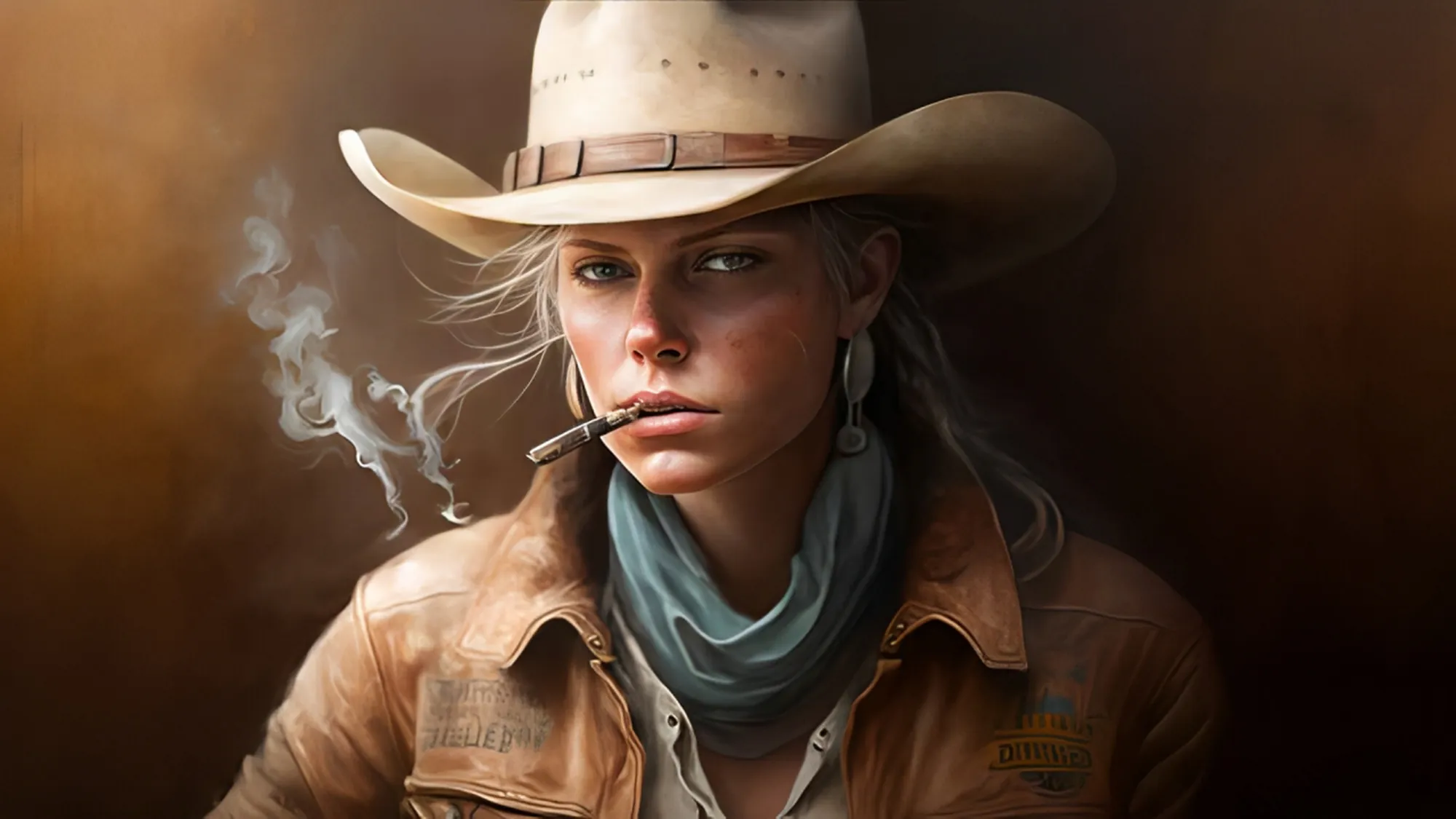 KI-generiertes Porträt einer Cowgirl-Figur mit Cowboyhut, Halstuch, Lederjacke und Zigarre
