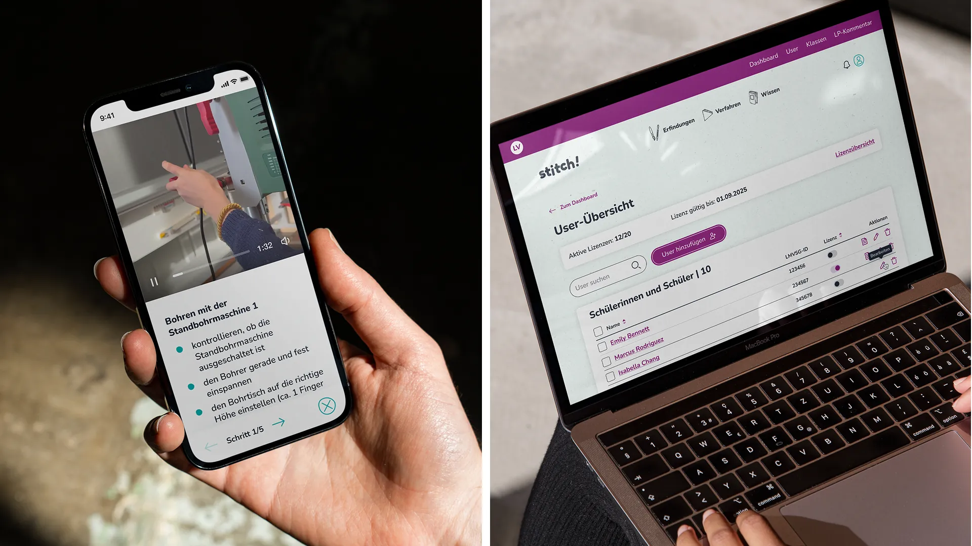 Smartphone mit Videoanleitung «Bohren mit der Standbohrmaschine» und Laptop mit User-Übersicht des digitalen Lehrmittels stitch!