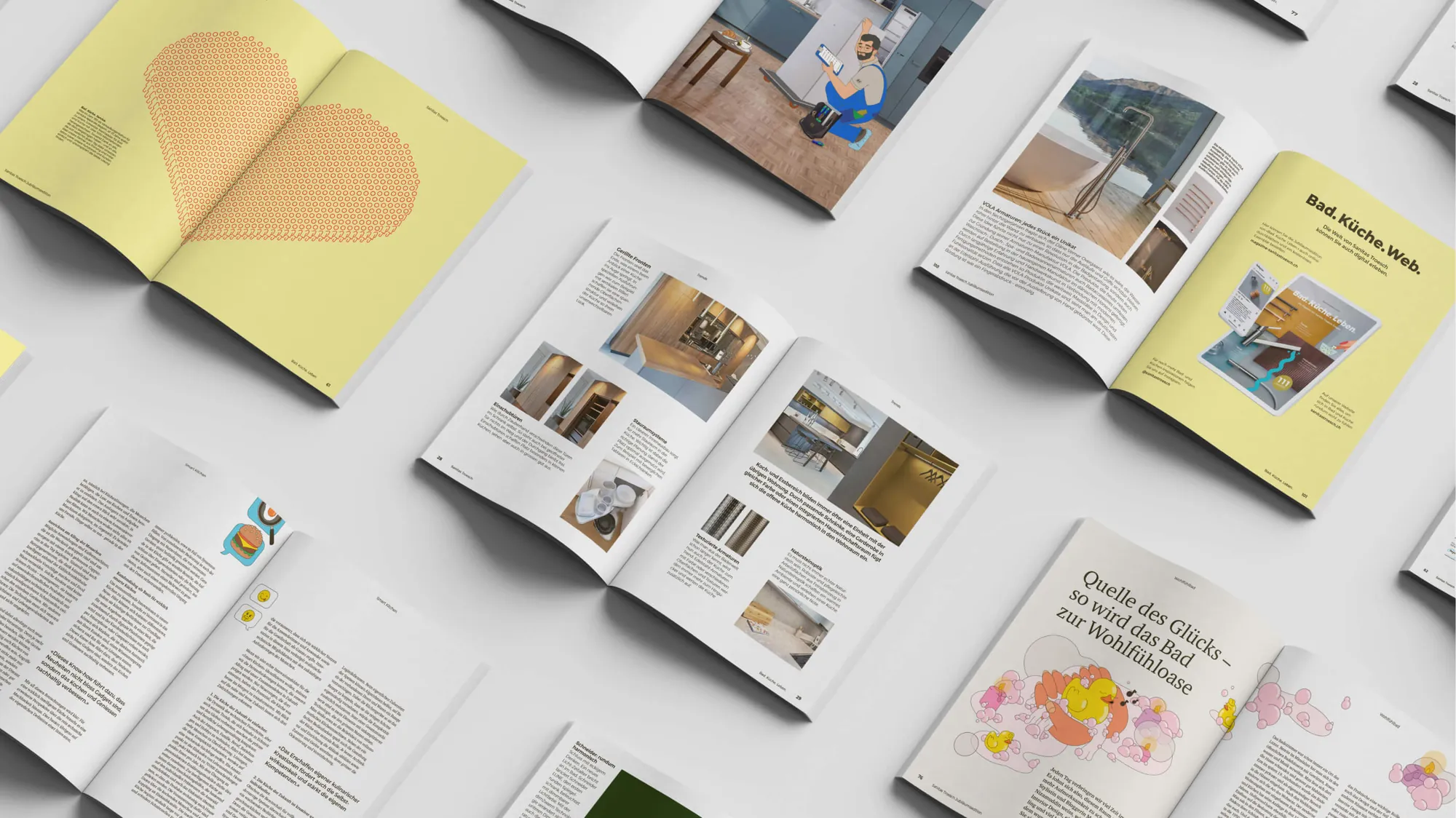 Aufgeschlagene Ausgaben des Magazins «Bad. Küche. Leben.» von oben: Doppelseiten mit Bad- und Küchenfotos, Illustrationen und Textlayouts
