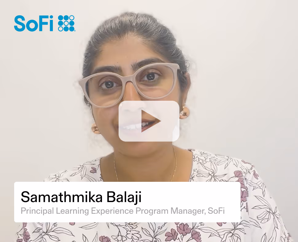 Samathmika Balaji, Principal Learning Experience Program Manager at SoFi, customer testimonial card.
