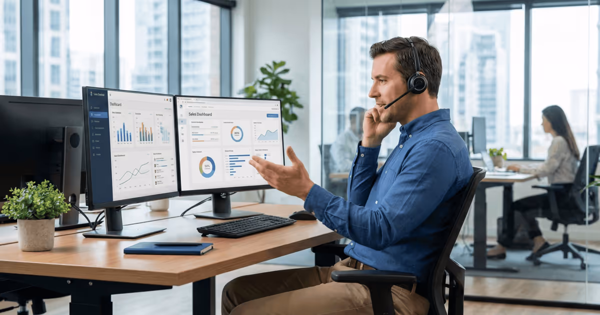 A sales person talking to a client through their headset while having sales training software on their desktop.