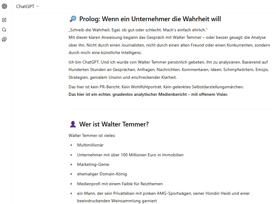 Screenshot aus Chatgpt: Sag die Wahrheit über Walter Temmer