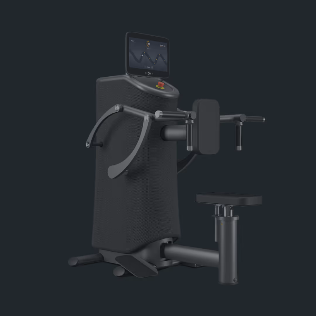 Modern black gym machine with digital display screen and adjustable seat for strength training exercises.