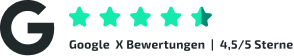 Google logo with a 4.5 out of 5 star rating and the text 'Google X Bewertungen | 4,5/5 Sterne'.