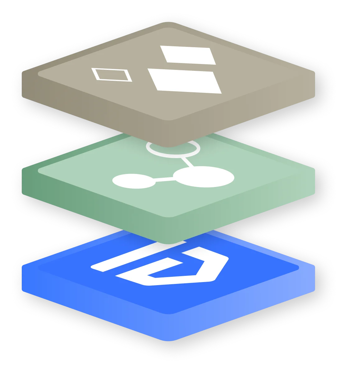 Illustration of three layered squares stacked with different icons on each: top beige square with window and rectangle shapes, middle green square with a connected nodes network symbol, bottom blue square with a stylized 'P' letter.