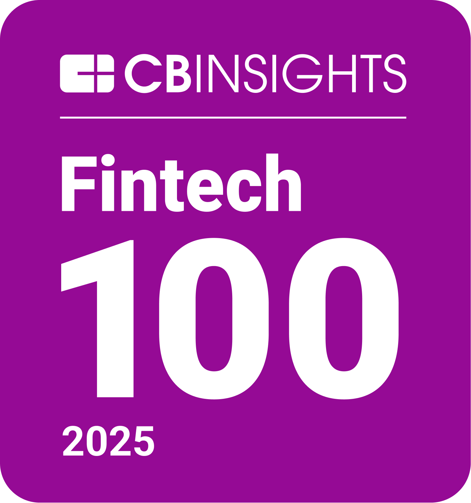 CB Insights Fintech 100 award badge for 2025 on purple background.