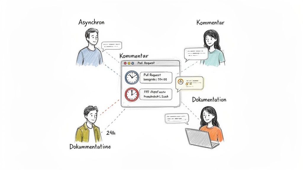 Ein Code-Review-Prozess mit asynchroner Kommunikation, Kommentaren und Dokumentation, dargestellt durch Personen und ein PR-Fenster.