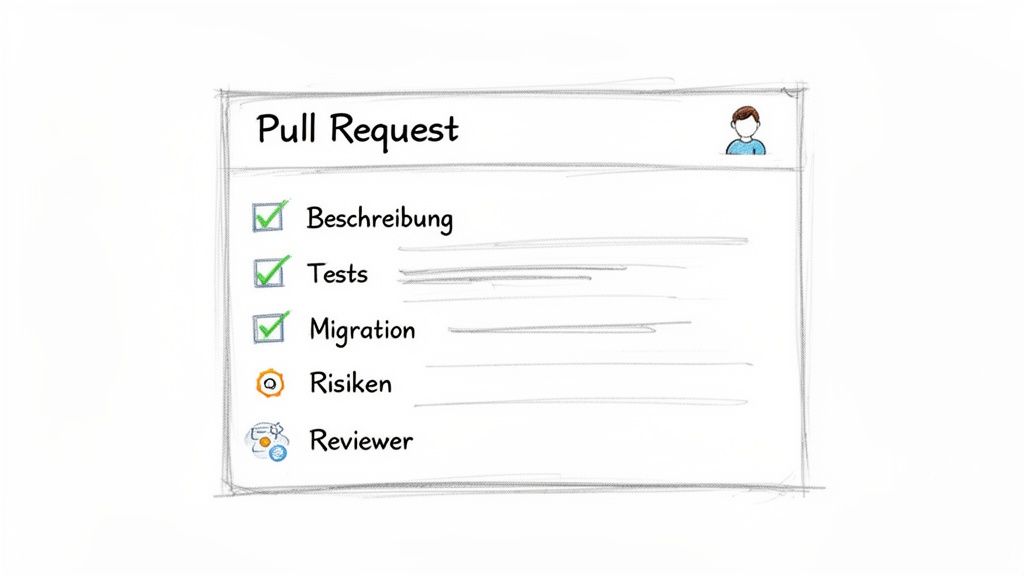 Eine handgezeichnete Checkliste für einen Pull Request mit Schritten wie Beschreibung, Tests, Migration, Risiken und Reviewer.