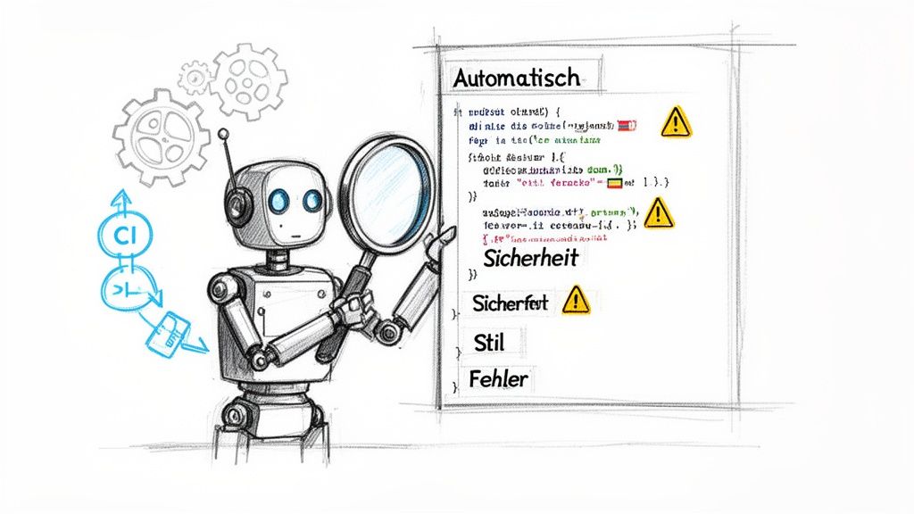 Ein Roboter führt mit einer Lupe eine automatisierte Code-Überprüfung durch, mit Hinweisen auf Sicherheit und CI/CD.
