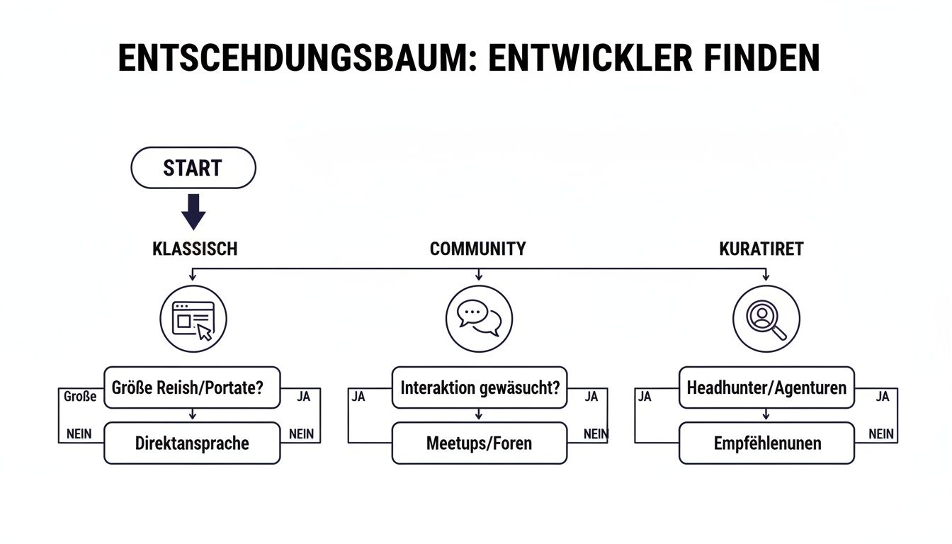 Ein Entscheidungsbaum, der verschiedene Strategien zur Suche und Anstellung von Entwicklern darstellt.