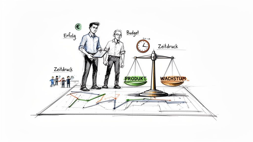 Zwei Männer auf einer Grafik balancieren Produktentwicklung und Wachstum unter Zeit- und Budgetdruck.