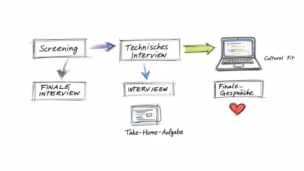 Ein Flussdiagramm zeigt den typischen Bewerbungsprozess mit mehreren Interviewstufen, Aufgaben und der Prüfung des Cultural Fit.