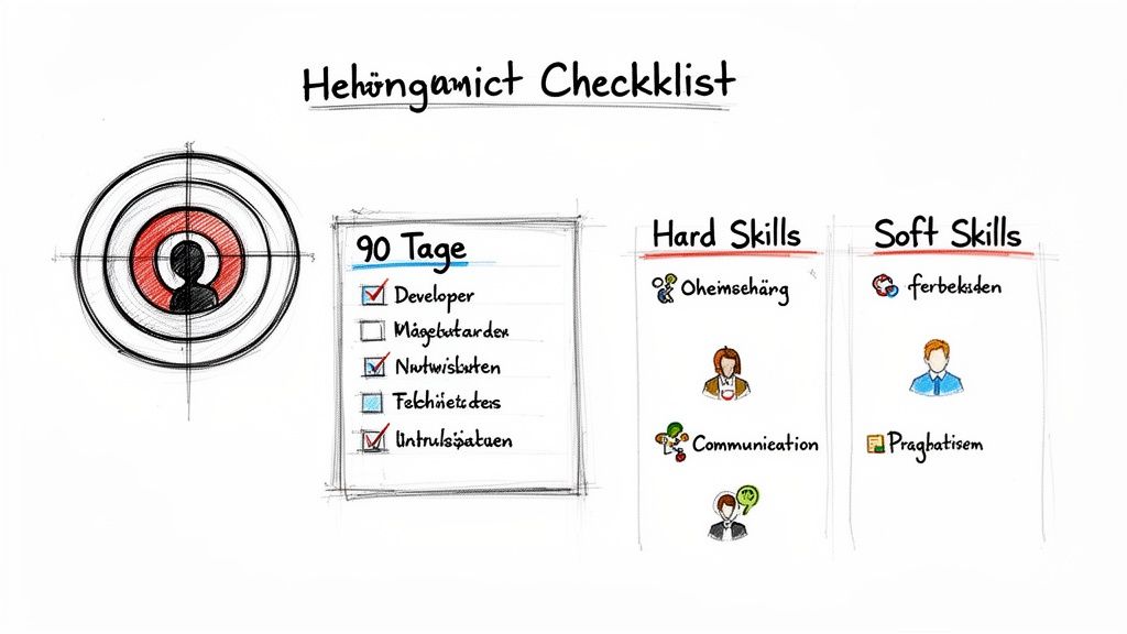 Checkliste für Programmierer mit Fristen und Aufzählung von Hard und Soft Skills, um Ziele zu erreichen.