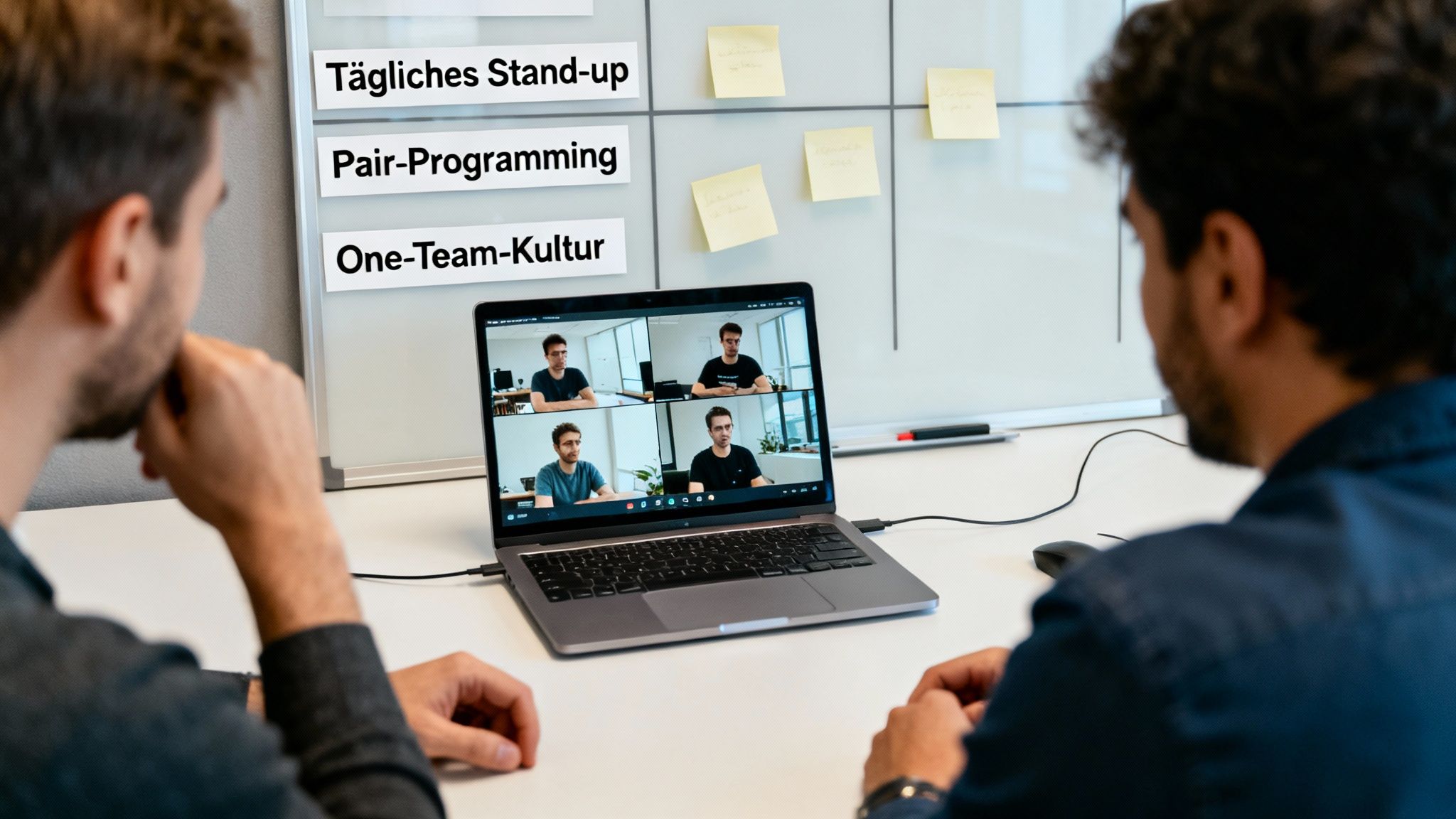 Zwei Männer in einem Büro betrachten einen Laptop mit einer Videokonferenz und einem Whiteboard im Hintergrund.