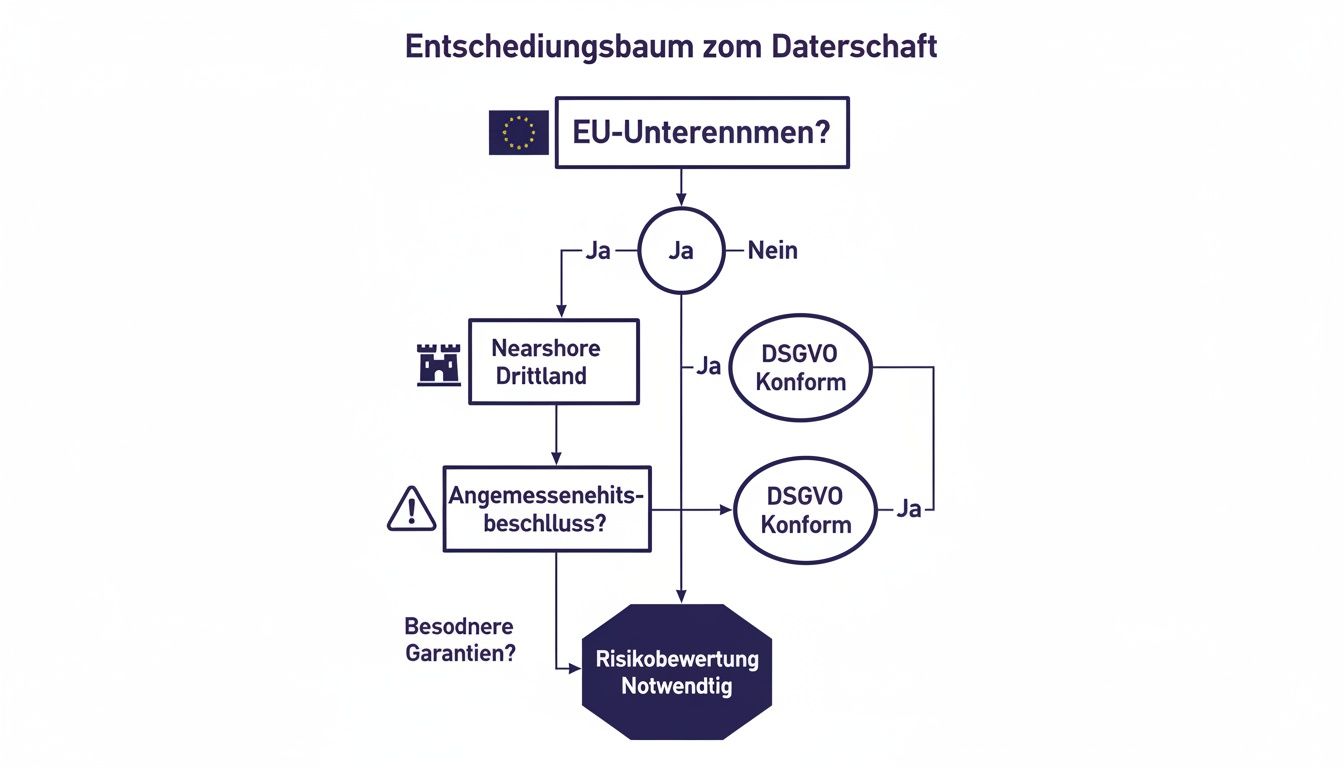 Entscheidungsbaum zur DSGVO-Konformität von Datenübertragungen, besonders bei Nearshore-Drittländern, Angemessenheitsbeschluss und Risikobewertung.