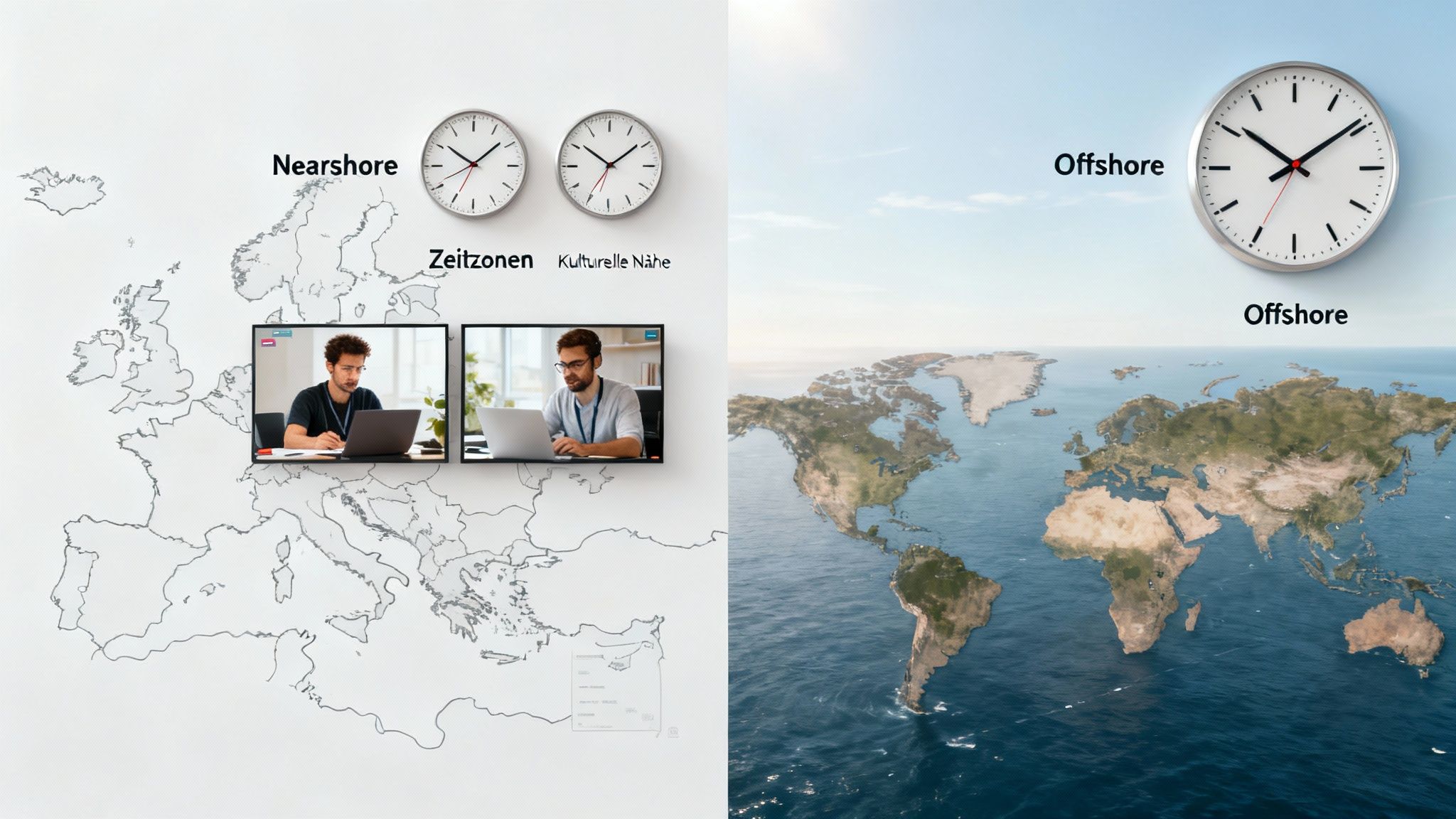 Grafik vergleicht Nearshore und Offshore mit Weltkarten, Uhren für Zeitzonen und Mitarbeitern im Videoanruf.