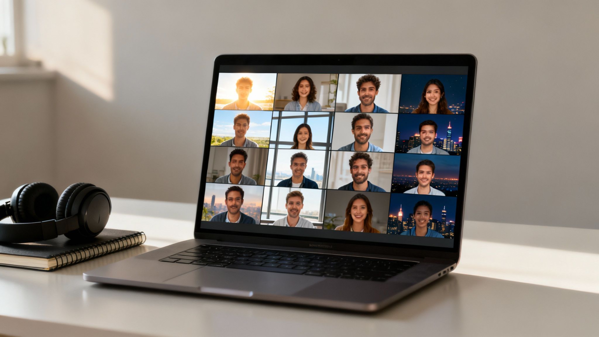 Laptop auf einem Schreibtisch zeigt eine Videokonferenz mit vielen Teilnehmern, daneben Kopfhörer und Notizbuch.