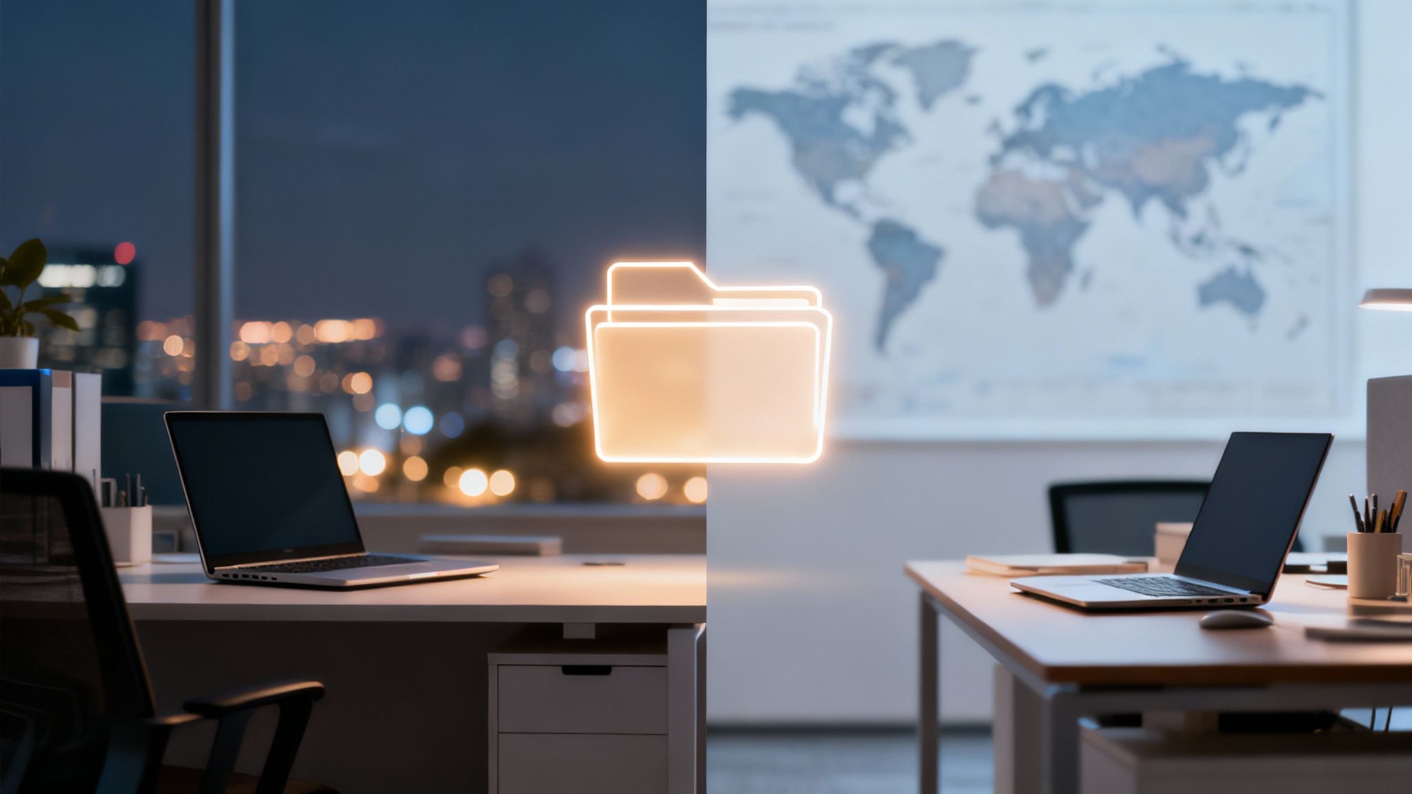 Zwei Büros, eines nachts mit Stadtblick und das andere tagsüber mit Weltkarte, geteilt durch ein Ordnersymbol.