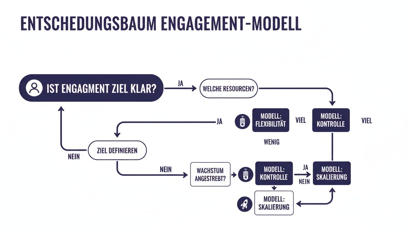 Entscheidungsbaum für ein Engagement-Modell zur Definition von Zielen, Ressourcen und Skalierungsmöglichkeiten.