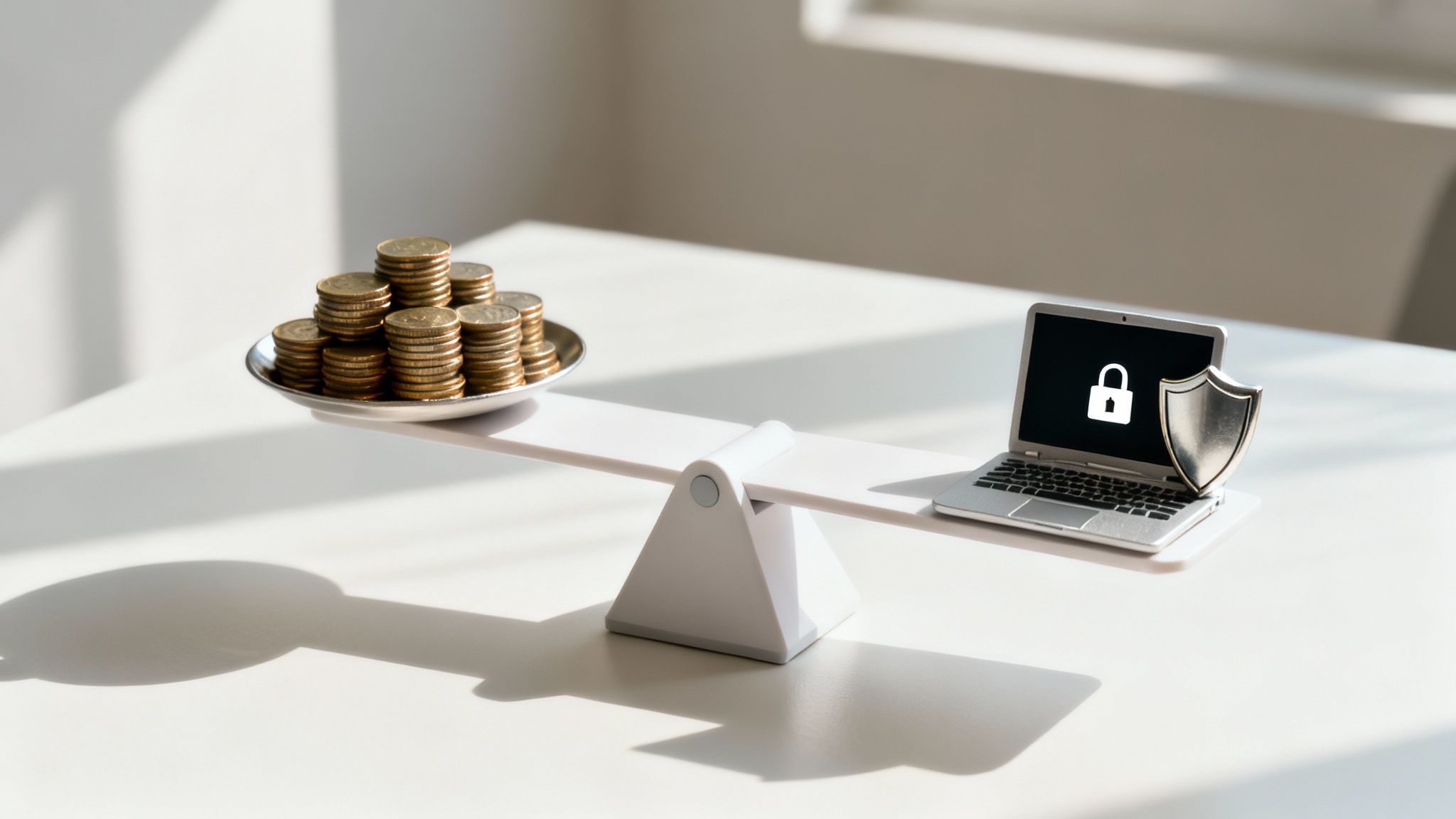 Waage gleicht Goldmünzen mit Laptop, Schloss und Schutzschild aus, symbolisiert den Wert von Datensicherheit.