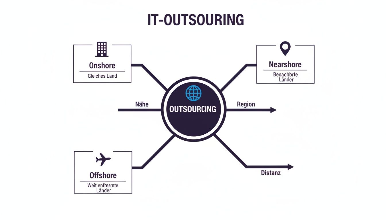 Infografik zu IT-Outsourcing-Modellen: Onshore (gleiches Land), Nearshore (benachbarte Länder) und Offshore (weit entfernte Länder) nach geografischer Nähe.